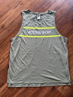 Victoria's Secret Sport Olive Green Tank with Neon Yellow Stripes